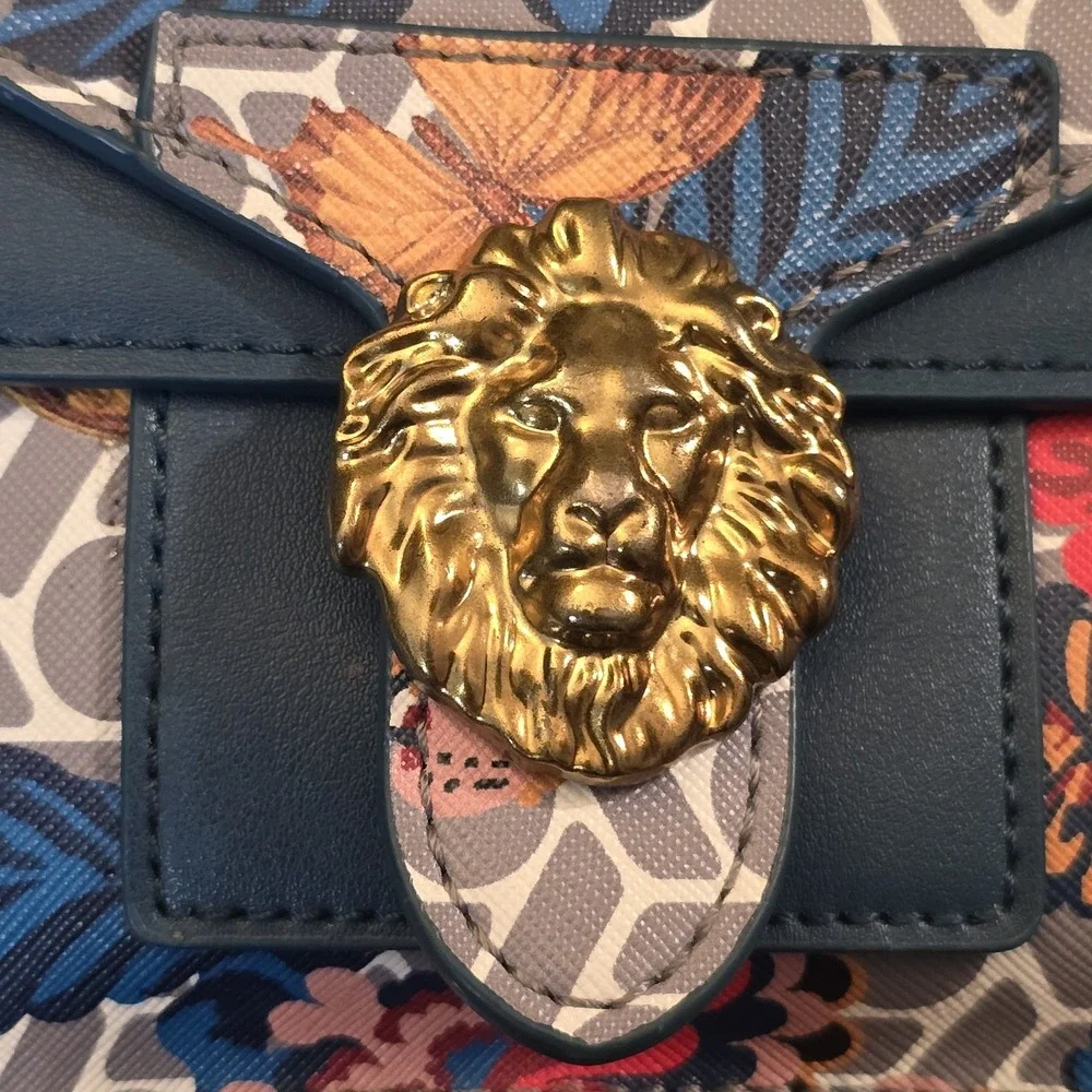 Anne Klein‎ Diana Double Flap Crossbody Strap Lion Floral Print Shoulder Purse